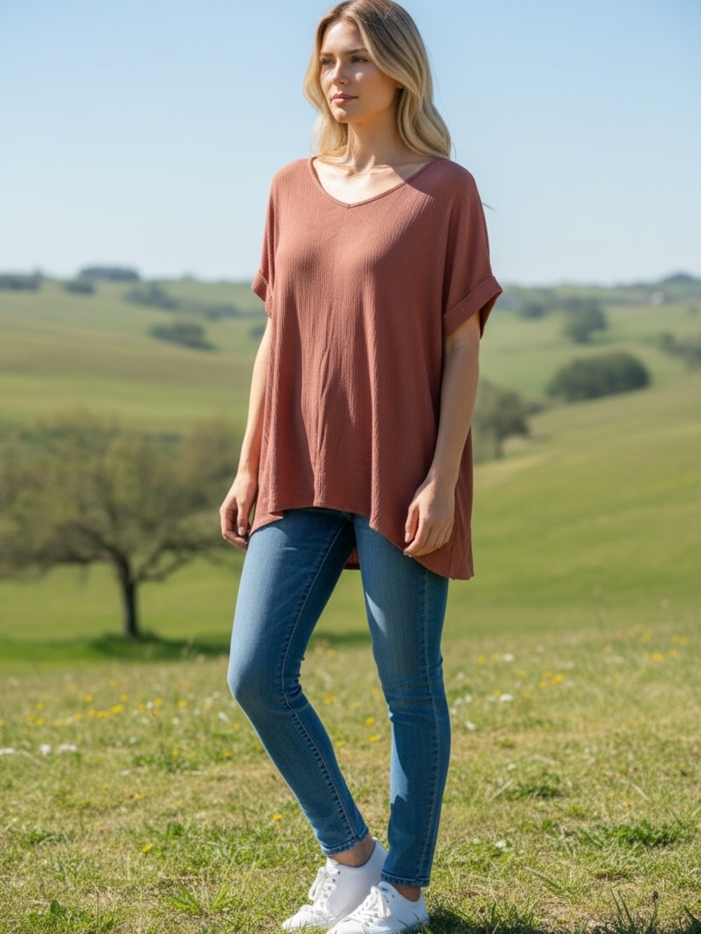 Relaxed V-Neck‎ Short Sleeve Blouse in Dusty Rose